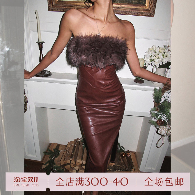ITSNIKAR复古可拆卸毛毛连衣裙女性感抹胸pu皮裙新年包臀长款裙子