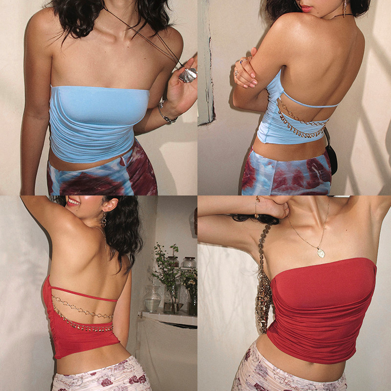 ITSNIKAR裸感露背缩褶抹胸吊带女夏带胸垫垂感内搭针织显瘦短上衣,女装/女士精品,背心吊带,淘宝优惠券,粉丝福利购,淘宝优惠卷