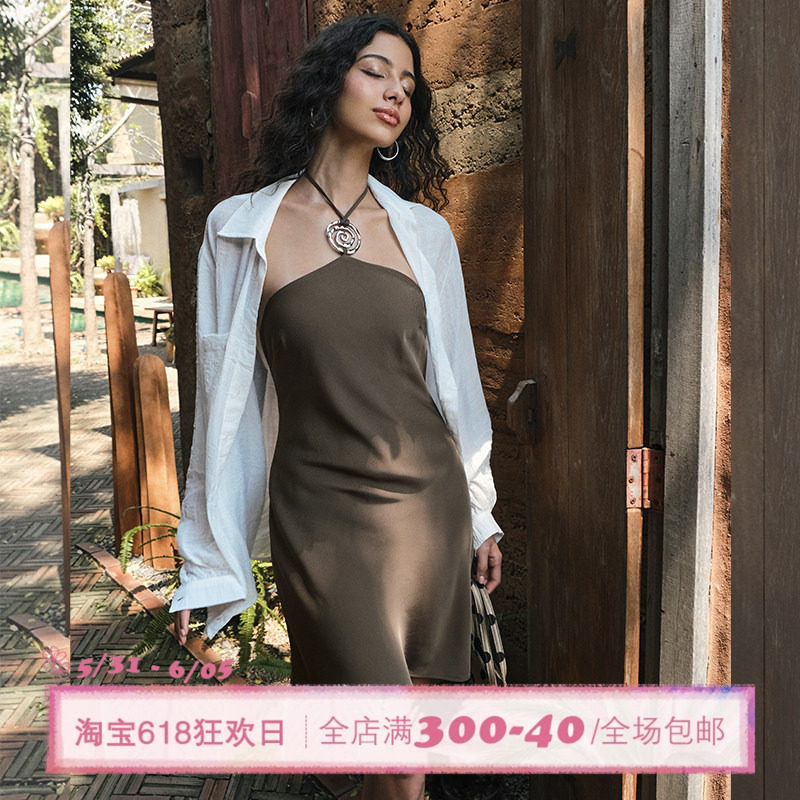 ITSNIKAR 法式慵懒挂脖抹胸连衣裙女夏性感显瘦包臀裙复古短裙子