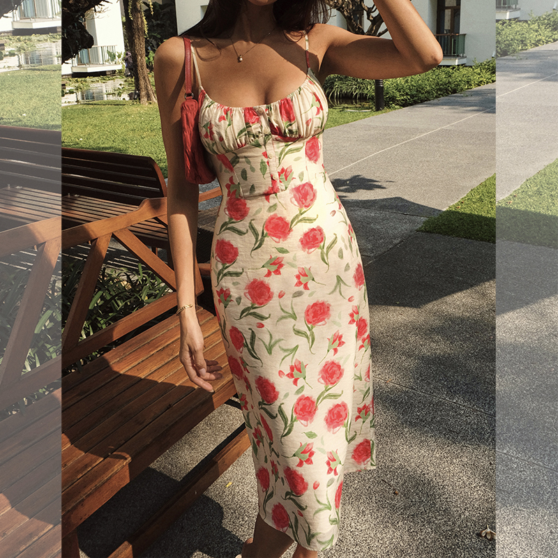 ITSNIKAR法式玫瑰碎花吊带连衣裙