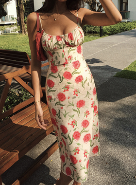 ITSNIKAR 法式玫瑰碎花连衣裙女夏茶歇吊带裙长款海边度假风裙子