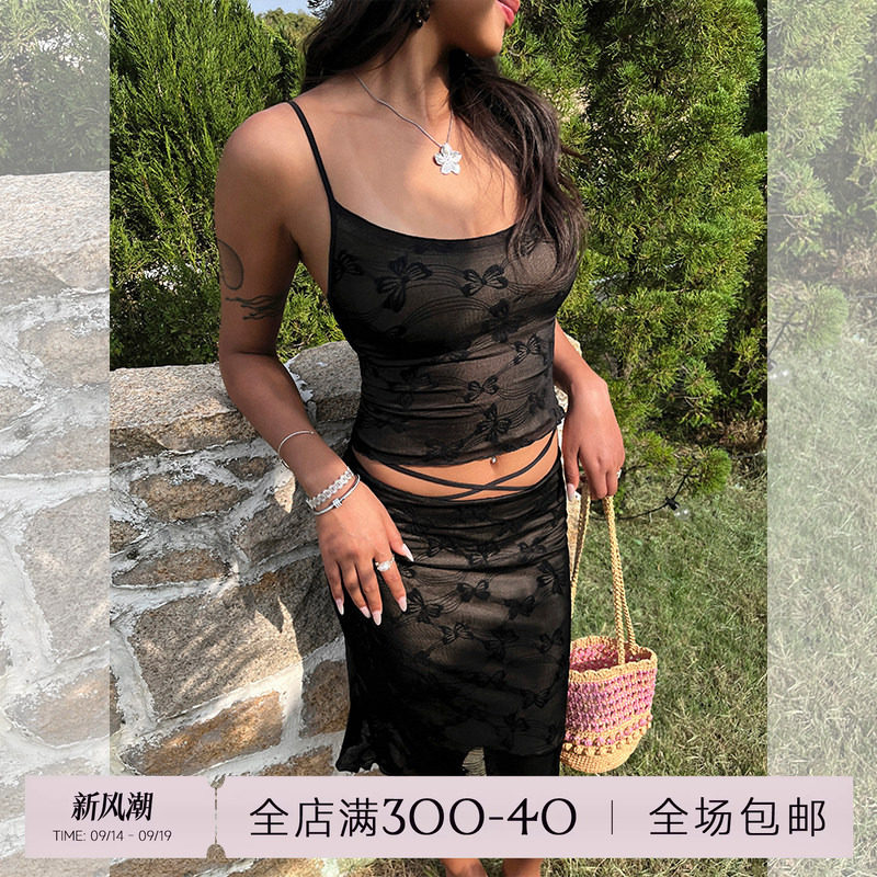 ITSNIKAR 法式植绒提花吊带套装女夏蝴蝶印花包臀鱼尾半裙两件套图片