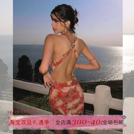 ITSNIKAR复古红色碎花连衣裙女性感挂脖吊带裙海边露背度假长裙子