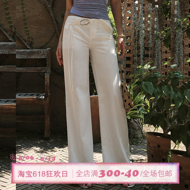 ITSNIKAR经典绑带中高腰休闲裤女夏修身显瘦直筒裤立体百搭长裤子
