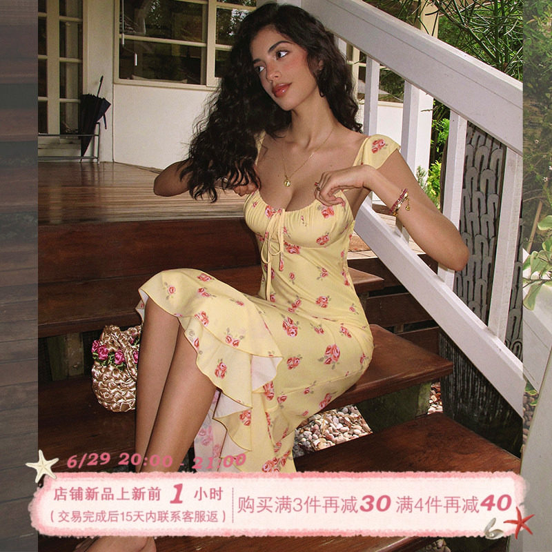 ITSNIKAR【獨家印花】法式碎花吊带连衣裙女夏荷叶边设计鱼尾裙子