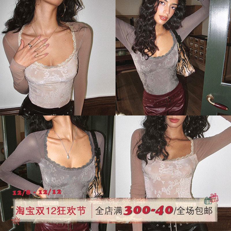 ITSNIKAR复古提花方领针织衫女秋冬蕾丝撞色打底衫内搭连体短上衣