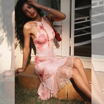 ITSNIKAR 新中式印花V领无袖挂脖背心套装女春包臀鱼尾半裙两件套