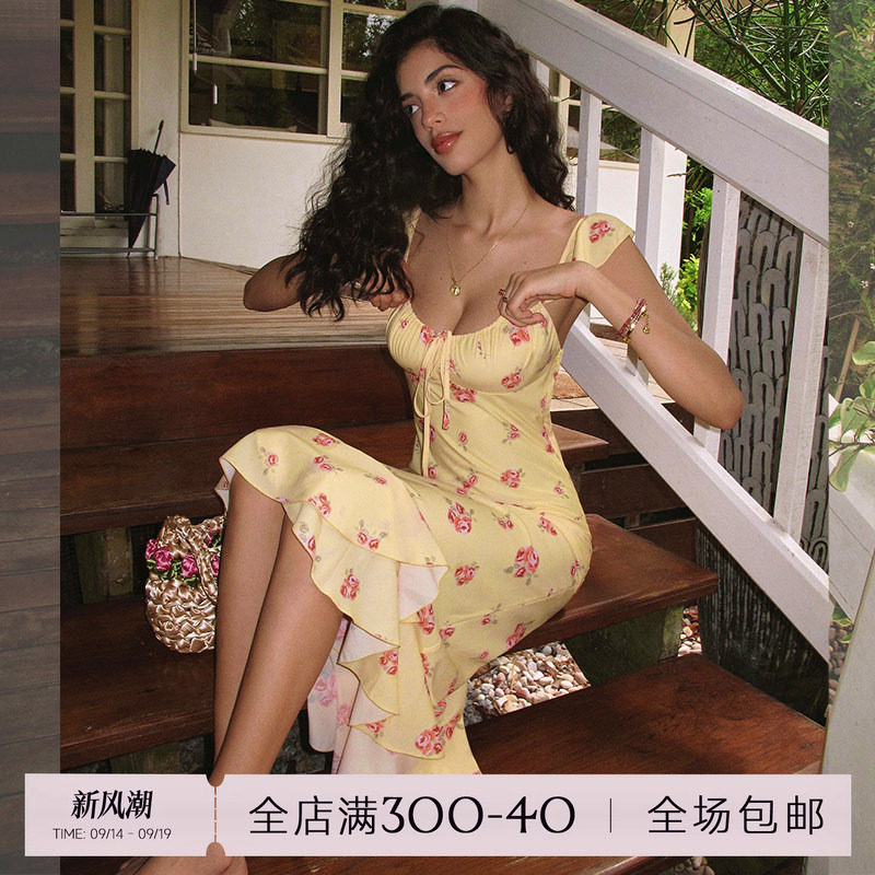 ITSNIKAR【獨家印花】法式碎花吊带连衣裙女夏荷叶边设计鱼尾裙子