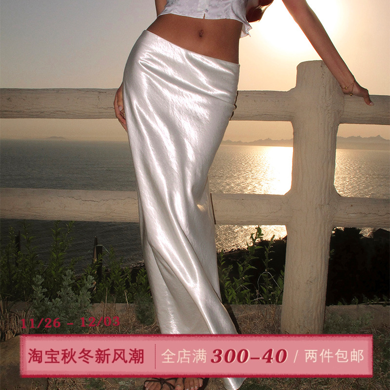 ITSNIKAR 法式丝光缎面半身裙女夏性感修身包臀裙复古白色长裙子