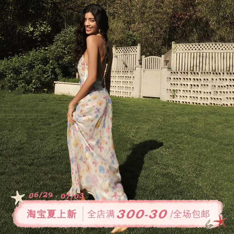 ITSNIKAR 法式温柔挂脖碎花连衣裙女夏露背印花长裙收腰显瘦裙子
