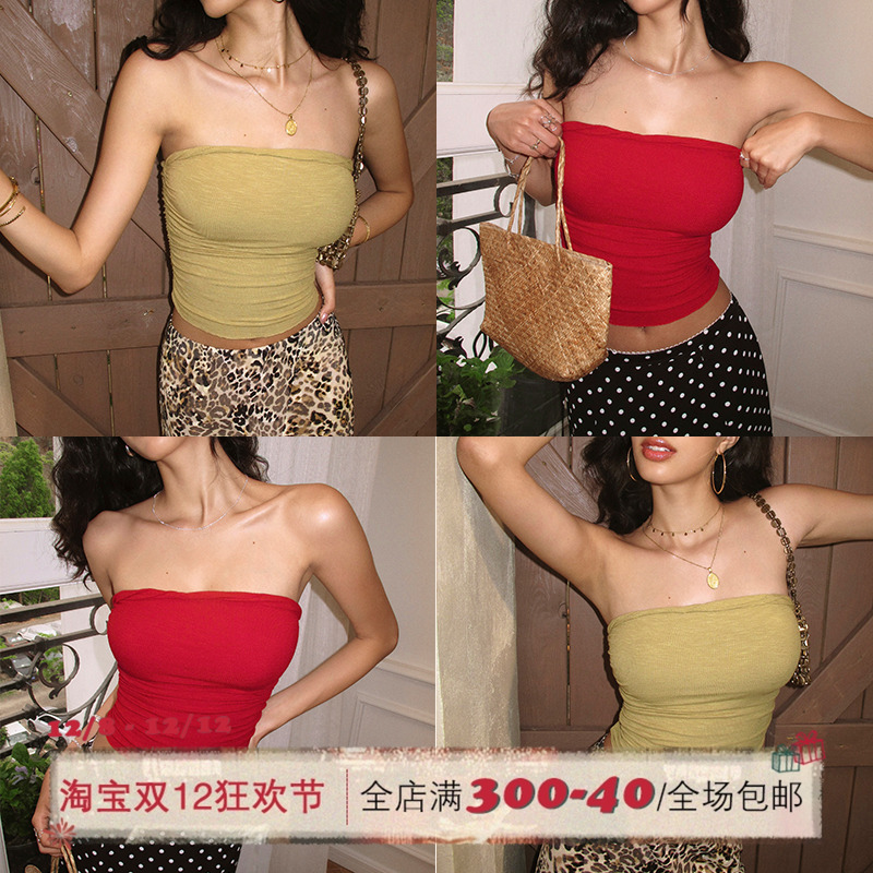 ITSNIKAR 裸感红色抹胸女夏带胸垫显瘦打底内搭针织外穿露背上衣