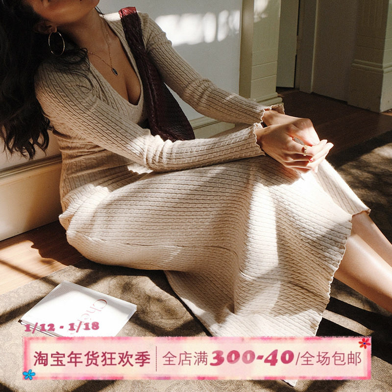 ITSNIKAR 麻花V领针织连衣裙女秋冬性感显瘦包臀裙弹力修身长裙子
