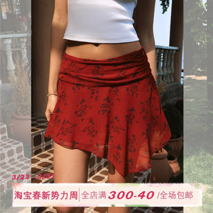 ITSNIKAR 性感包臀裙显瘦短裙子 复古红色雪纺印花半身裙女夏法式