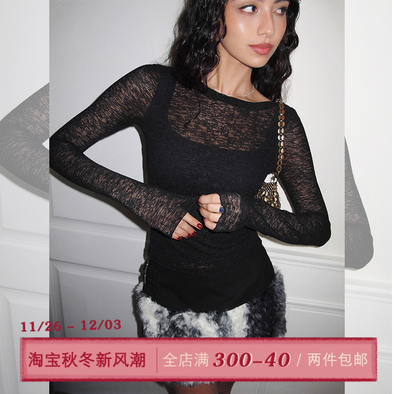 ITSNIKAR 假两件圆领针织衫女秋拼接设计打底衫内搭复古性感上衣