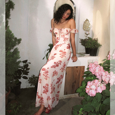 ITSNIKAR 复古印花短袖连衣裙女夏露背绑带包臀裙方领显瘦长裙子