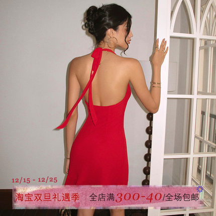 ITSNIKAR 红色雪纺连衣裙女圣诞节日感挂脖吊带裙显瘦露背短裙子