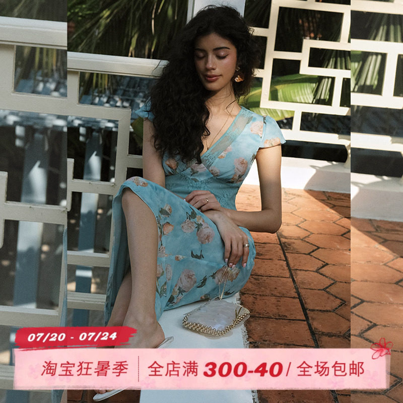 ITSNIKAR 复古V领雪纺印花连衣裙女夏性感镂空包臀裙度假风长裙子