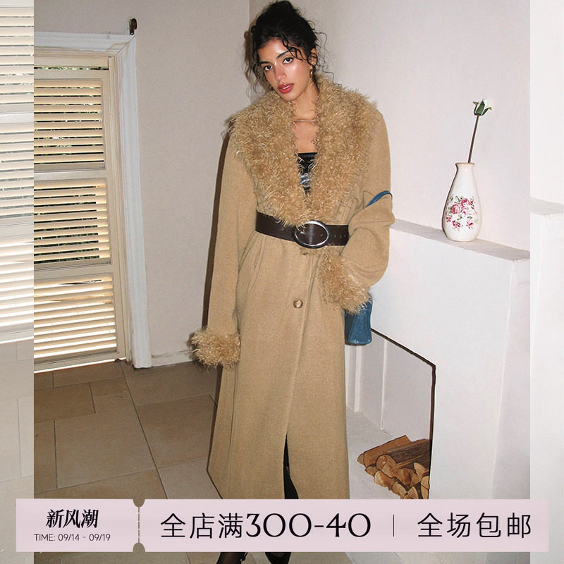 ITSNIKAR 经典毛毛拼接翻领毛呢外套女秋冬立体保暖过膝长款上衣