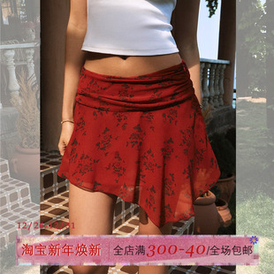 ITSNIKAR 性感包臀裙显瘦短裙子 复古红色雪纺印花半身裙女夏法式