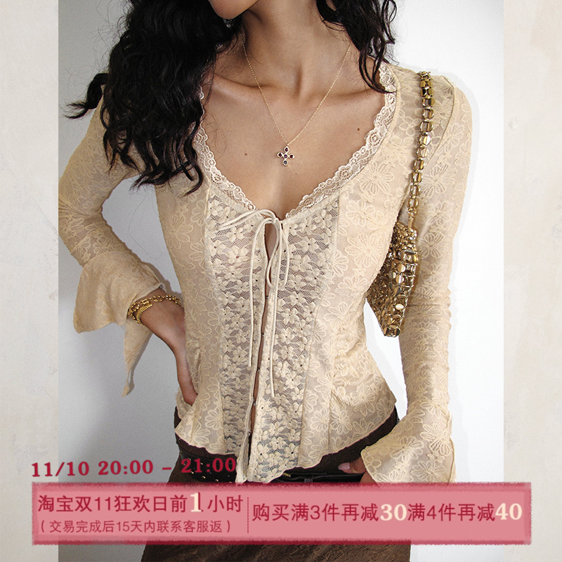 ITSNIKAR法式复古肌理感蕾丝长袖针织套装早秋包臀长裙上衣两件套