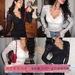 女秋性感打底衫 镂空V领针织衫 外穿蕾丝上衣 珍珠蕾丝法式 ITSNIKAR
