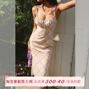 ITSNIKAR经典 性感长裙子 格纹吊带连衣裙女夏肌理感显瘦包臀裙修身