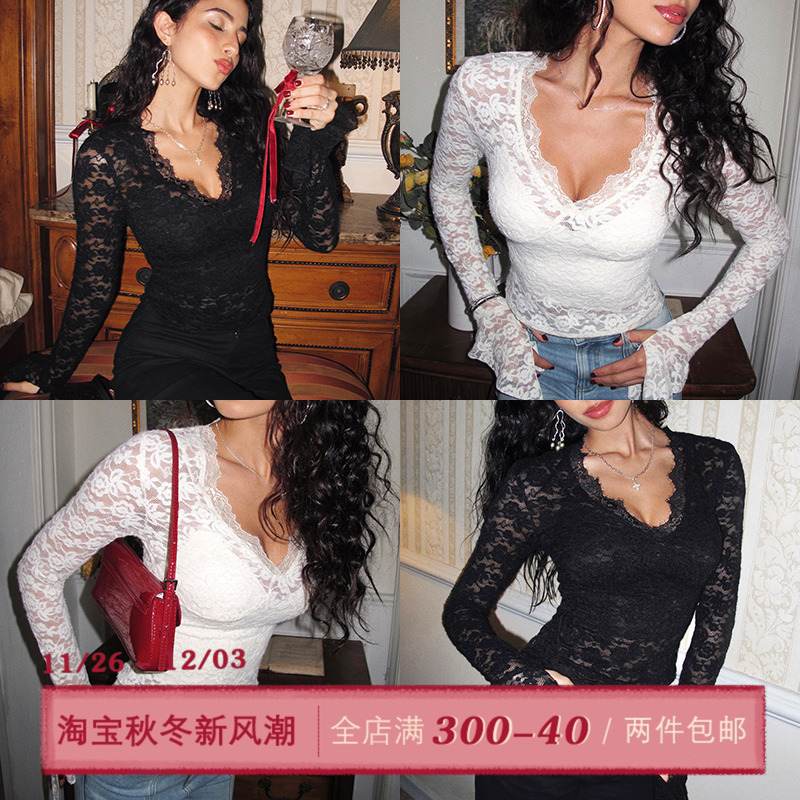 ITSNIKAR 珍珠蕾丝法式镂空V领针织衫女秋性感打底衫外穿蕾丝上衣