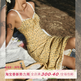 ITSNIKAR 黄色碎花连衣裙女蕾丝蝴蝶结吊带裙海边度假风裙子 法式