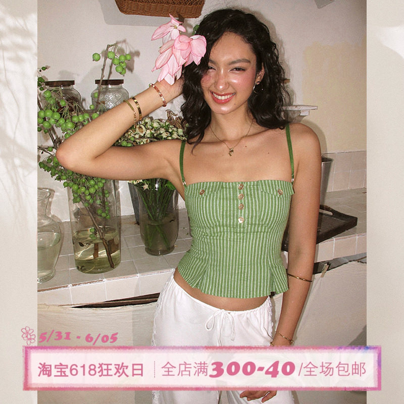 ITSNIKAR肌理感条纹背心吊带女夏棉感收腰衬衫性感显瘦外穿短上衣