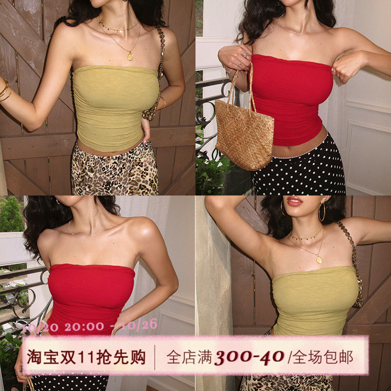 ITSNIKAR 裸感红色抹胸女夏带胸垫显瘦打底内搭针织外穿露背上衣