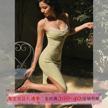 ITSNIKAR 镂空设计吊带连衣裙女春修身显瘦针织裙蕾丝拼接短裙子