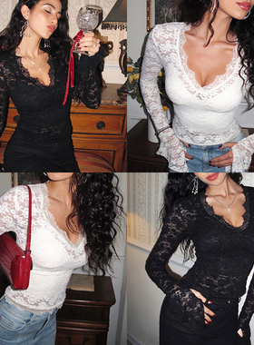 ITSNIKAR 珍珠蕾丝法式镂空V领针织衫女秋性感打底衫外穿蕾丝上衣