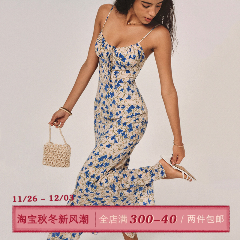 ITSNIKAR法式蓝色蝴蝶碎花连衣裙女夏长款包臀吊带裙海岛度假裙子