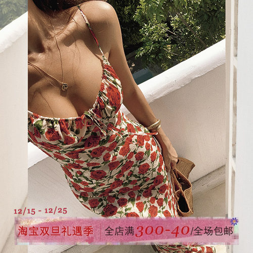 ITSNIKAR玫瑰花度假风吊带裙子