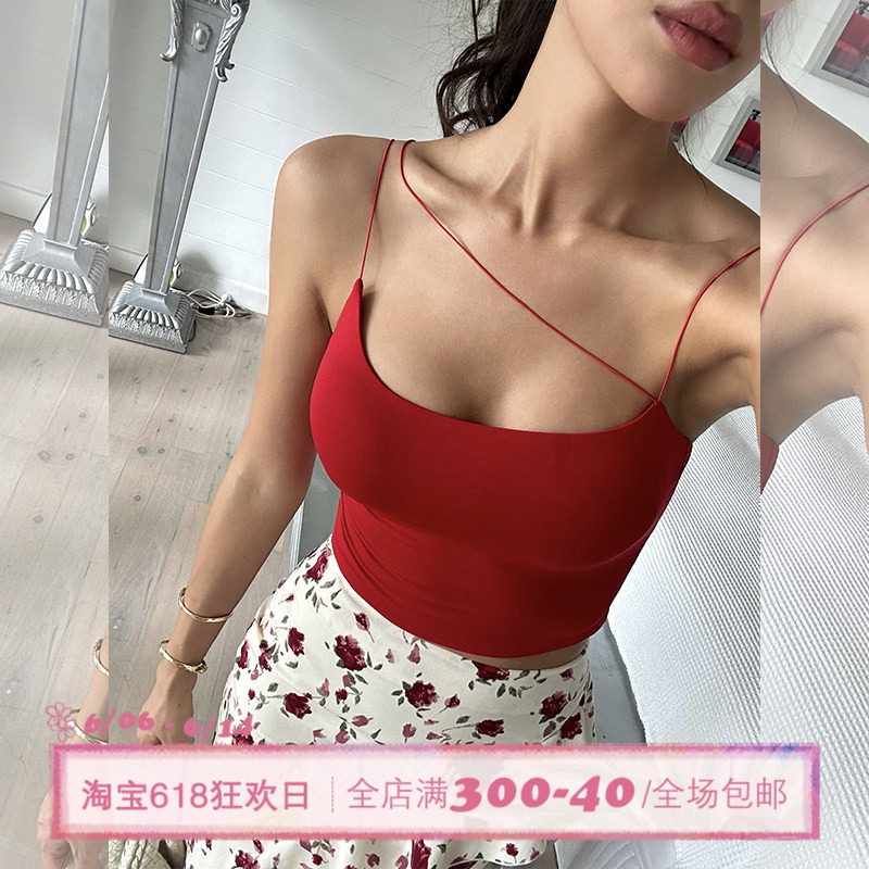 ITSNIKAR【小腰精】设计感红色吊带背心女带胸垫美背抹胸性感上衣