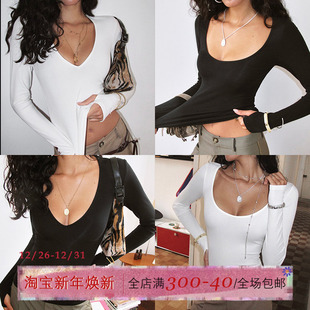 打底衫 ITSNIKAR 女秋弹力修身 V领裸感毛针织衫 性感显瘦短上衣 经典