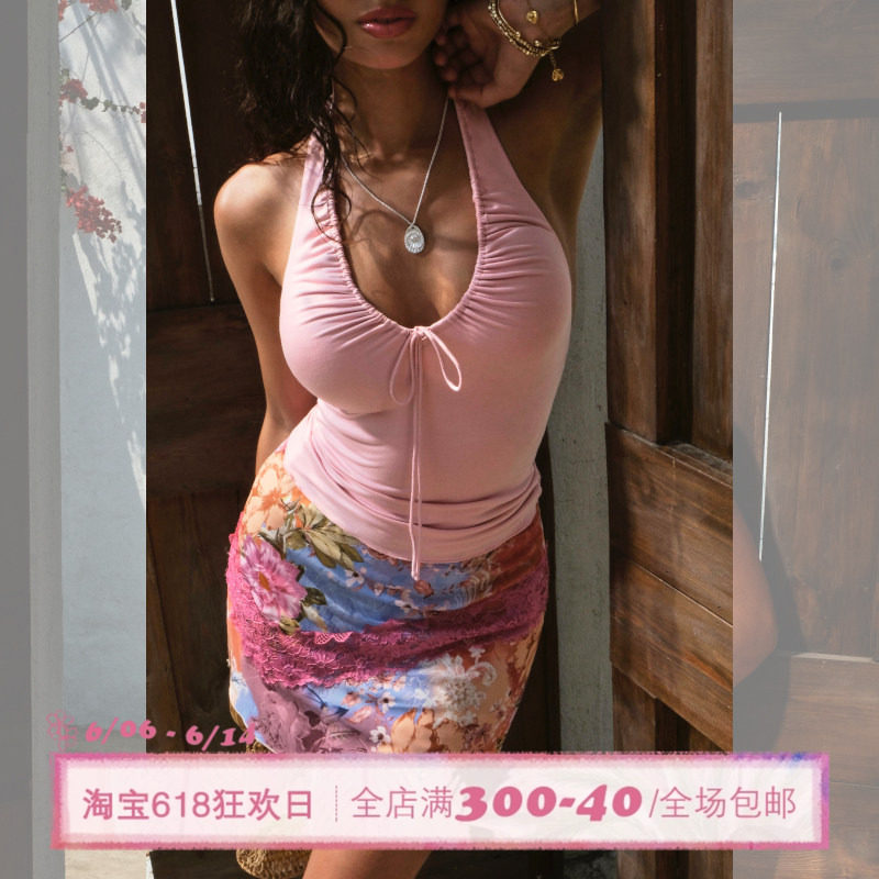 ITSNIKAR 经典绑带深U领挂脖背心女夏立体显瘦吊带内搭修身短上衣