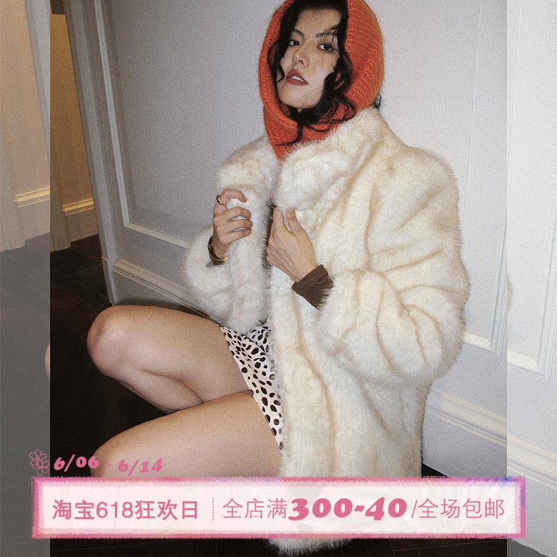ITSNIKAR欧美翻领仿皮草外套女中长款复古毛绒年会战衣氛围感大衣