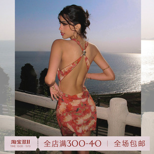 ITSNIKAR复古红色碎花连衣裙女性感挂脖吊带裙海边露背度假长裙子