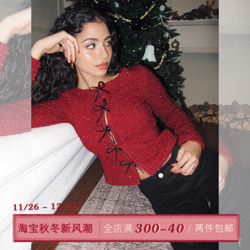 ITSNIKAR【新年开衫】低圆领针织衫女秋经典红色打底衫显瘦短上衣