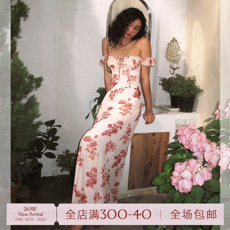 ITSNIKAR 复古印花短袖连衣裙女夏露背绑带包臀裙方领显瘦长裙子