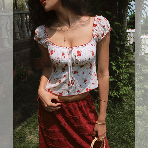 ITSNIKAR 复古方领设计印花短袖T恤女夏立体收腰显瘦性感短上衣