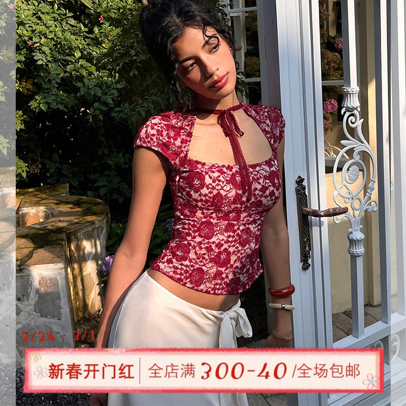 ITSNIKAR 法式印花植绒方圆领短袖T恤女春修身性感蕾丝绑带短上衣