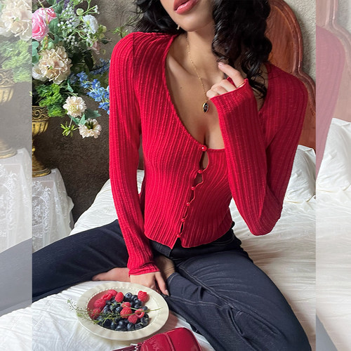 ITSNIKAR 新年红U领毛针织衫女冬节日长袖打底开衫修身内搭短上衣