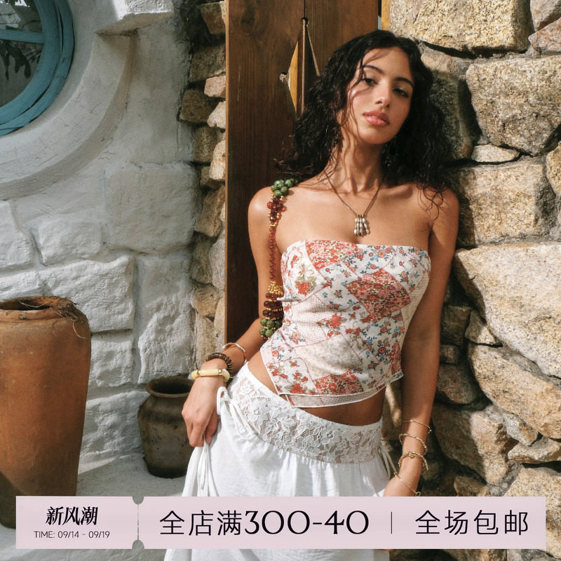 ITSNIKAR 法式不规则碎花丝巾抹胸女夏性感修身内搭度假风短上衣										