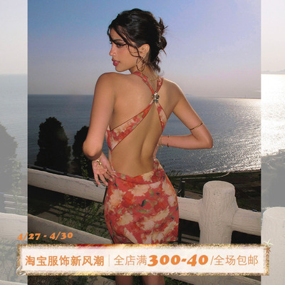ITSNIKAR复古红色碎花连衣裙女性感挂脖吊带裙海边露背度假长裙子
