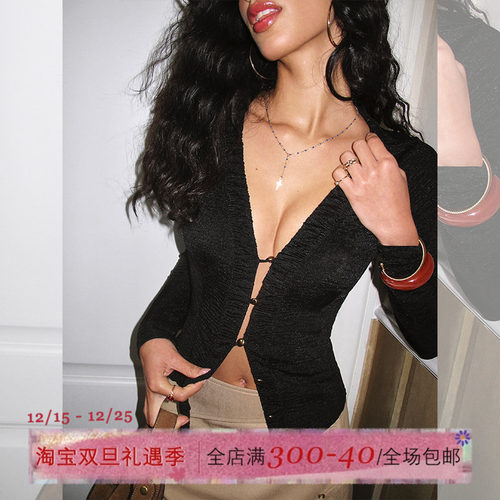 ITSNIKAR 肌理感褶皱V领针织衫套装女秋冬立体绑带A字短裙两件套