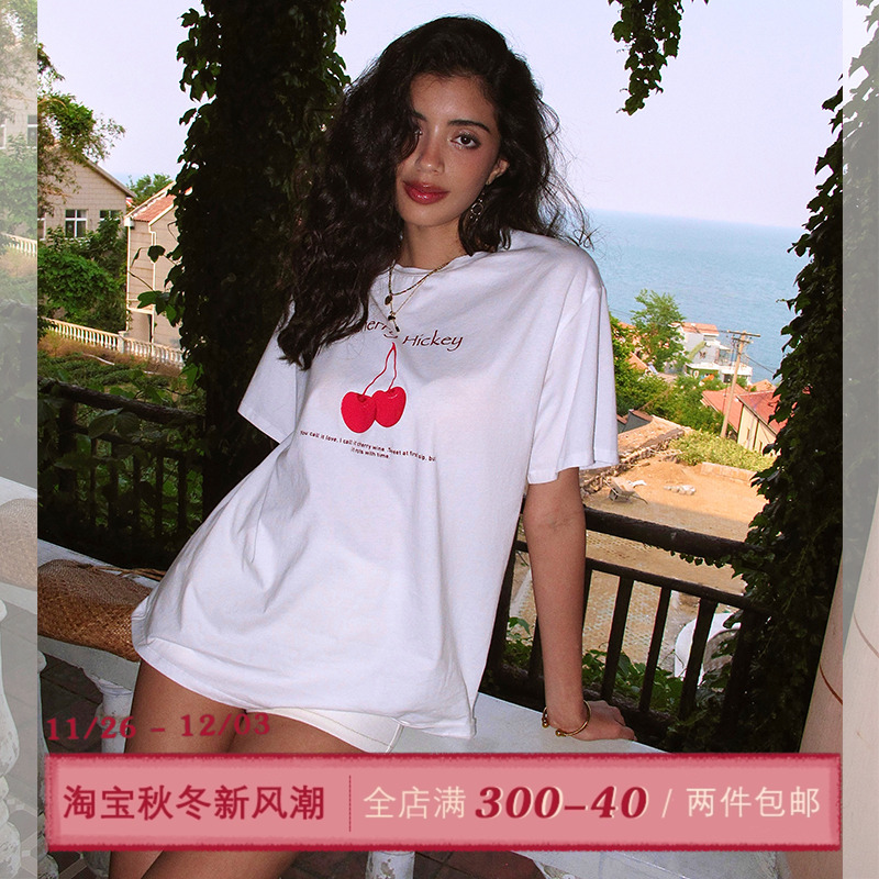 ITSNIKAR 经典白色圆领樱桃短袖T恤女夏落肩设计宽松显瘦短上衣