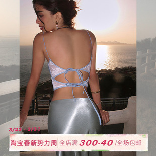 ITSNIKAR 牛仔蓝提花背心吊带女夏带胸垫绑带内搭性感露背短上衣