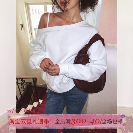 ITSNIKAR美式宽松白色套头斜肩卫衣女秋冬休闲设计感长袖露肩上衣